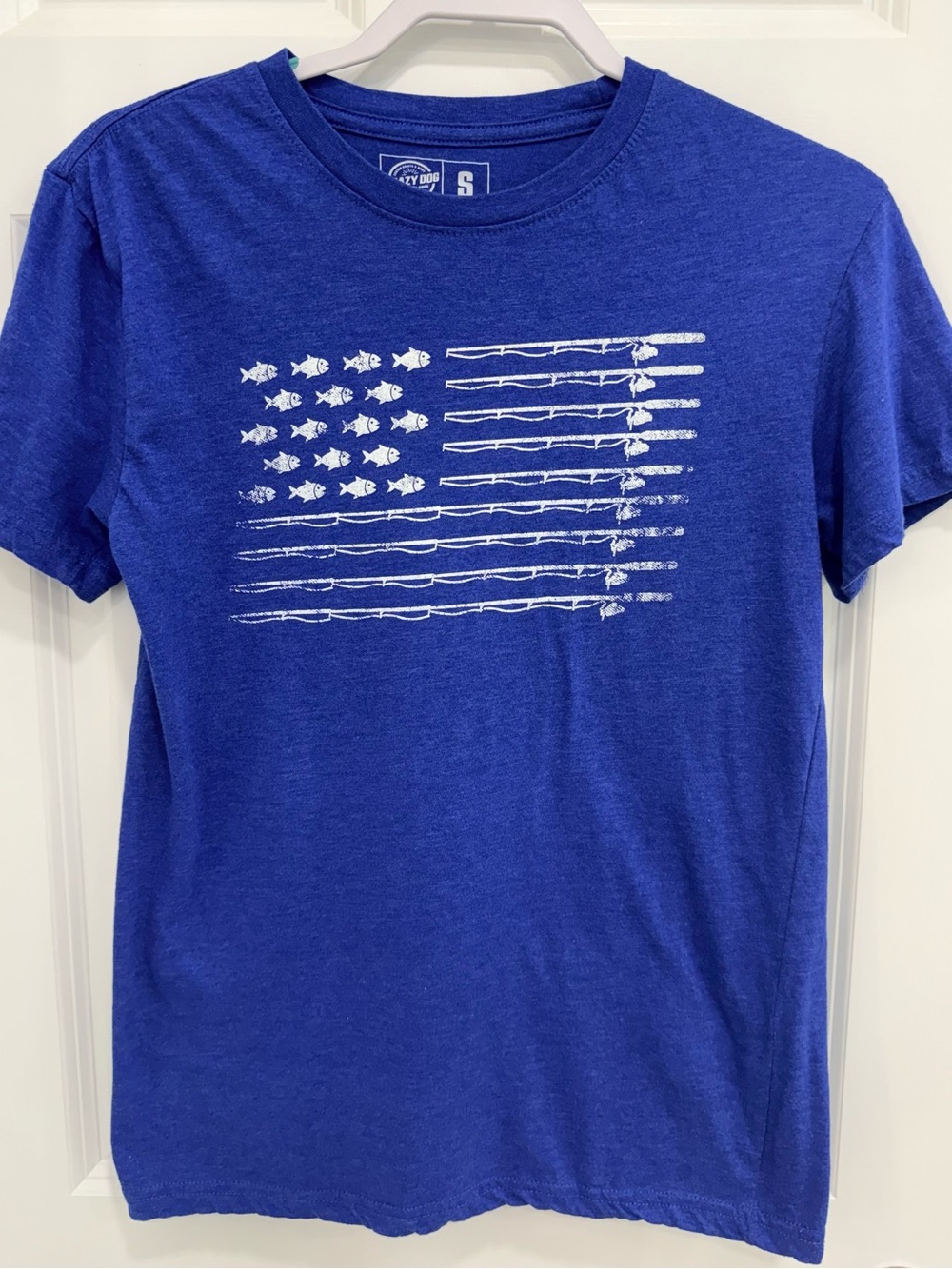 Crazy Dog T-Shirts Royal Blue Short Sleeve Tee with White Fish Flag Graphic
